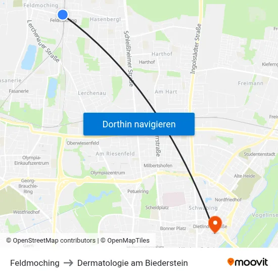 Feldmoching to Dermatologie am Biederstein map