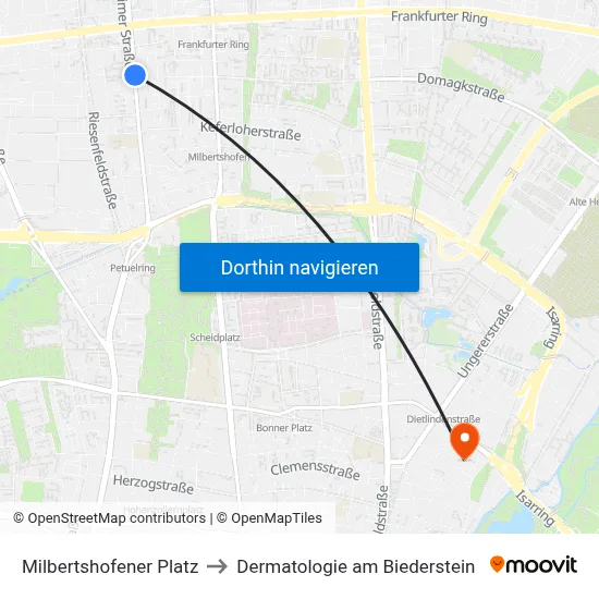 Milbertshofener Platz to Dermatologie am Biederstein map