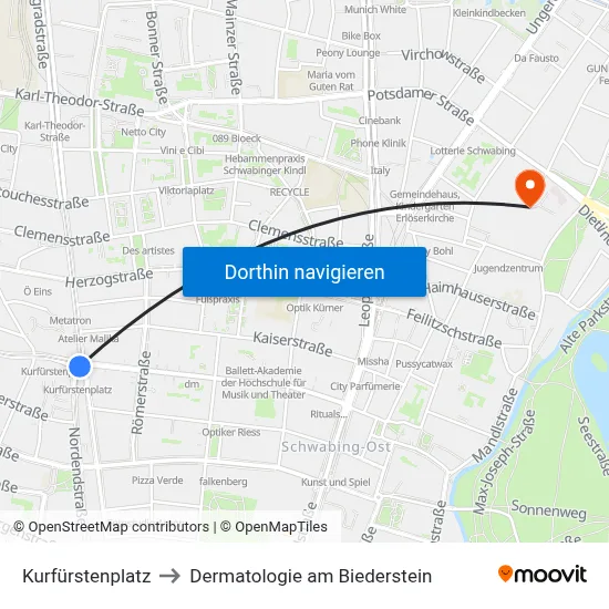 Kurfürstenplatz to Dermatologie am Biederstein map
