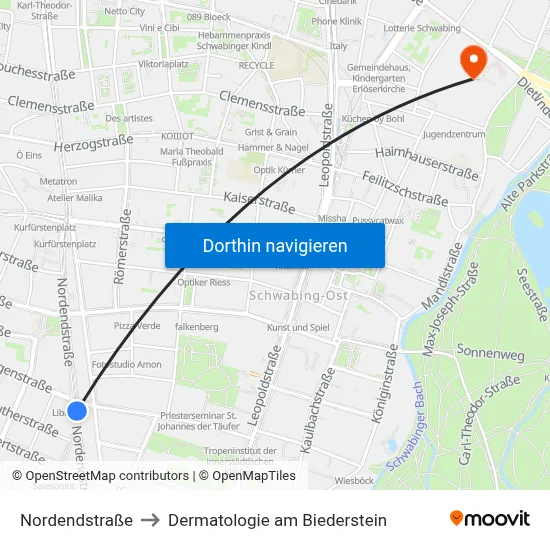 Nordendstraße to Dermatologie am Biederstein map