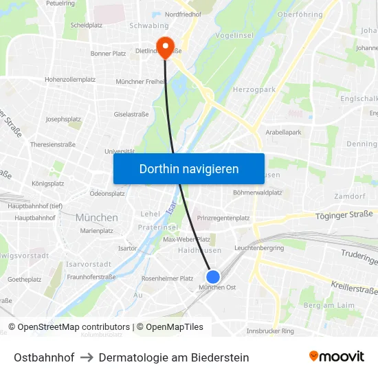 Ostbahnhof to Dermatologie am Biederstein map