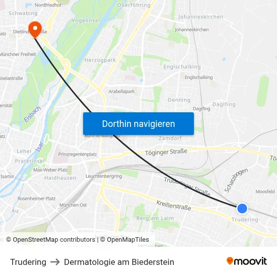 Trudering to Dermatologie am Biederstein map