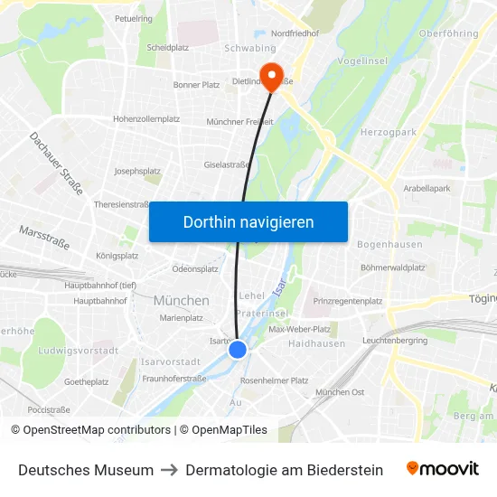 Deutsches Museum to Dermatologie am Biederstein map