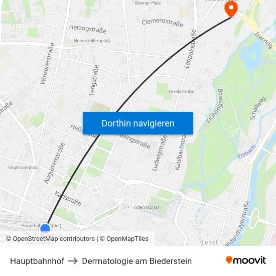 Hauptbahnhof to Dermatologie am Biederstein map