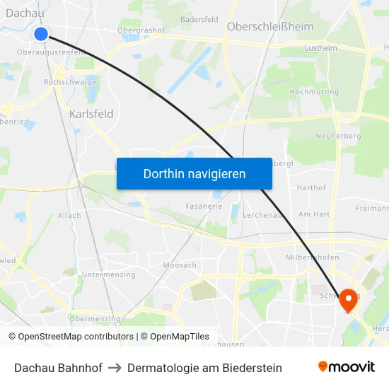 Dachau Bahnhof to Dermatologie am Biederstein map