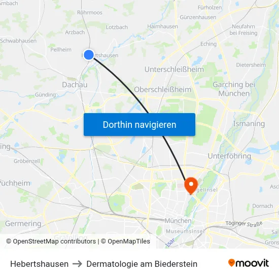 Hebertshausen to Dermatologie am Biederstein map