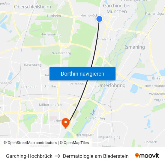 Garching-Hochbrück to Dermatologie am Biederstein map