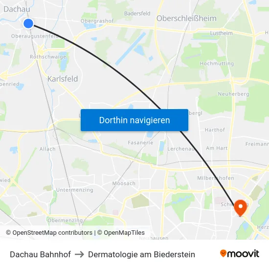 Dachau Bahnhof to Dermatologie am Biederstein map