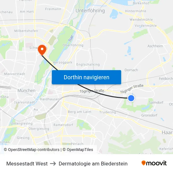 Messestadt West to Dermatologie am Biederstein map