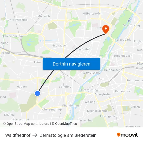 Waldfriedhof to Dermatologie am Biederstein map