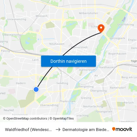 Waldfriedhof (Wendeschleife) to Dermatologie am Biederstein map