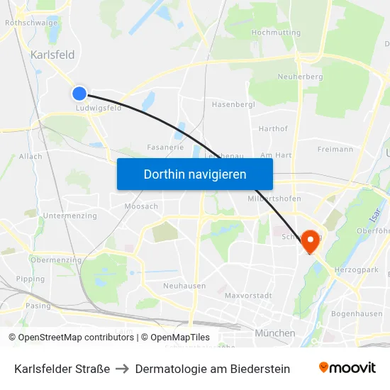 Karlsfelder Straße to Dermatologie am Biederstein map