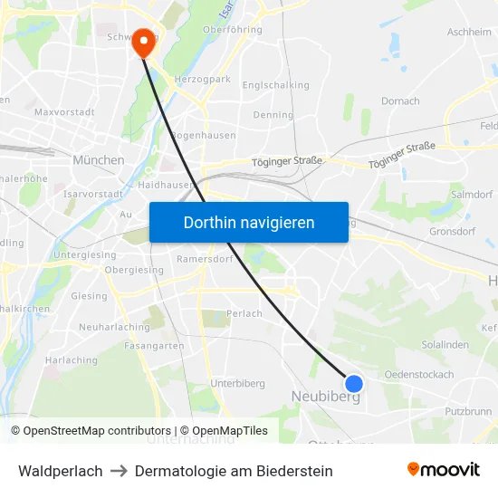 Waldperlach to Dermatologie am Biederstein map