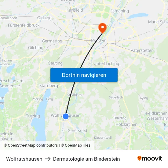 Wolfratshausen to Dermatologie am Biederstein map