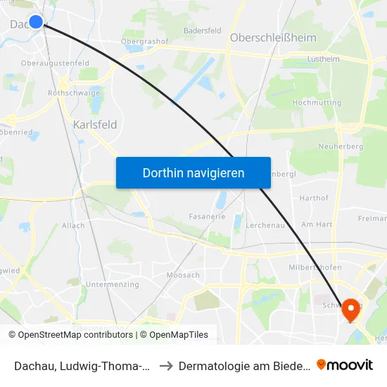 Dachau, Ludwig-Thoma-Straße to Dermatologie am Biederstein map