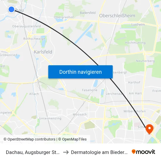 Dachau, Augsburger Straße to Dermatologie am Biederstein map