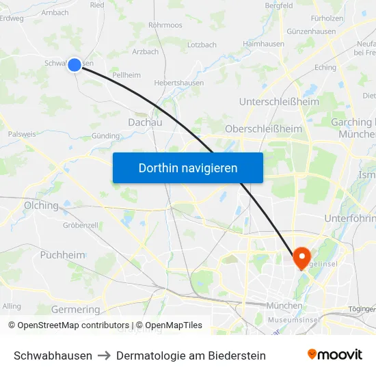 Schwabhausen to Dermatologie am Biederstein map