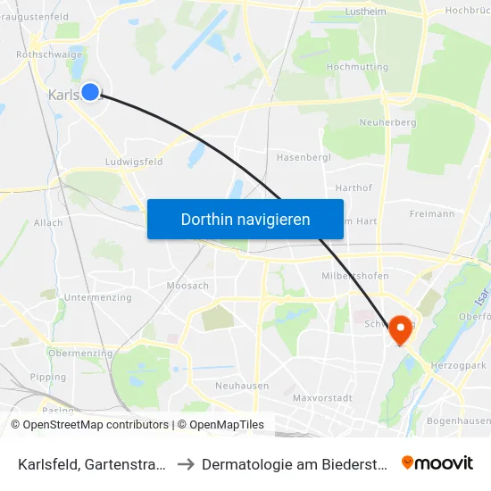 Karlsfeld, Gartenstraße to Dermatologie am Biederstein map