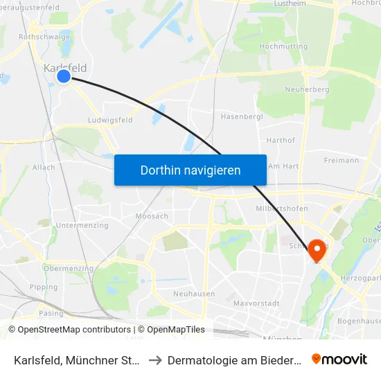Karlsfeld, Münchner Straße to Dermatologie am Biederstein map