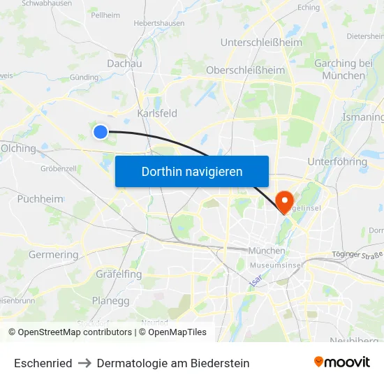 Eschenried to Dermatologie am Biederstein map