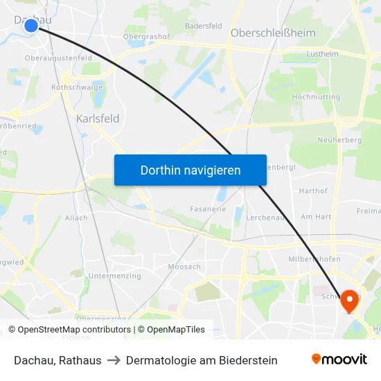 Dachau, Rathaus to Dermatologie am Biederstein map