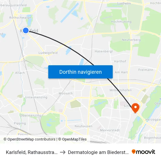 Karlsfeld, Rathausstraße to Dermatologie am Biederstein map