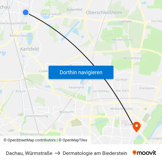 Dachau, Würmstraße to Dermatologie am Biederstein map