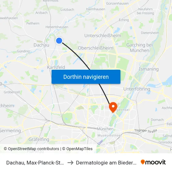 Dachau, Max-Planck-Straße to Dermatologie am Biederstein map