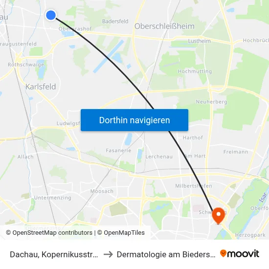 Dachau, Kopernikusstraße to Dermatologie am Biederstein map
