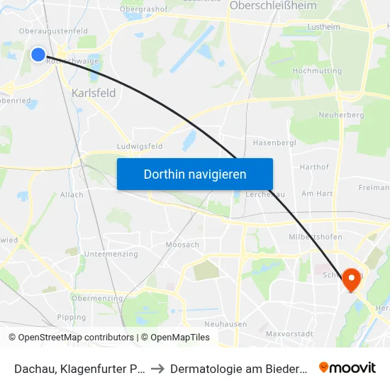 Dachau, Klagenfurter Platz to Dermatologie am Biederstein map