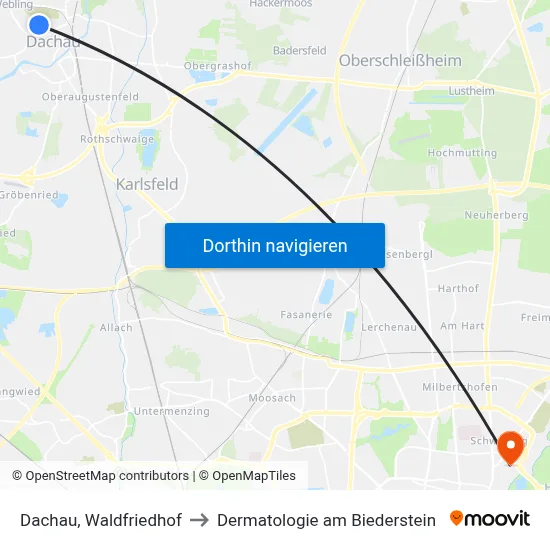 Dachau, Waldfriedhof to Dermatologie am Biederstein map
