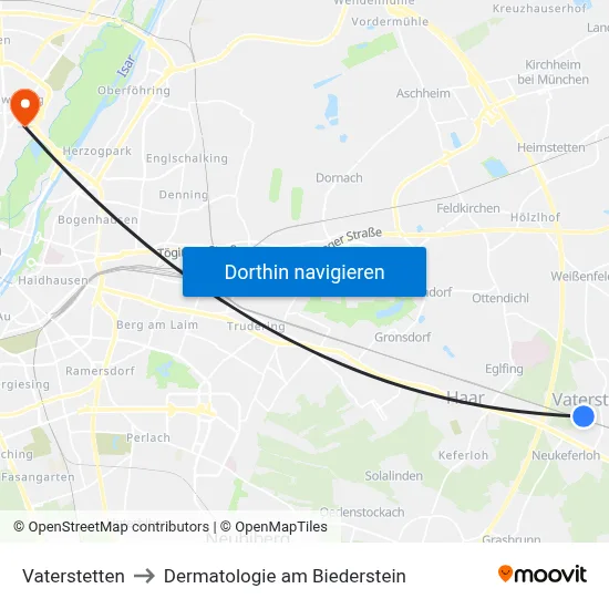 Vaterstetten to Dermatologie am Biederstein map