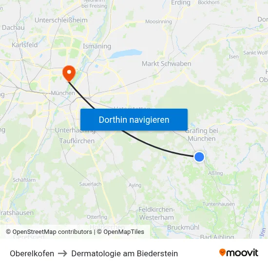 Oberelkofen to Dermatologie am Biederstein map
