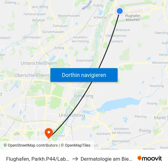Flughafen, Parkh.P44/Labcampus to Dermatologie am Biederstein map