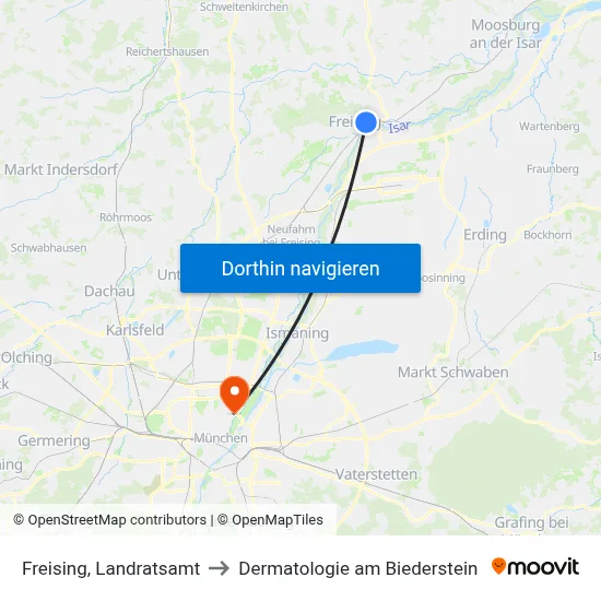 Freising, Landratsamt to Dermatologie am Biederstein map