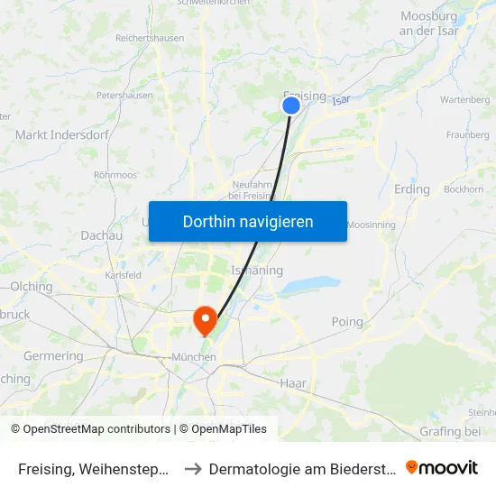 Freising, Weihenstephan to Dermatologie am Biederstein map