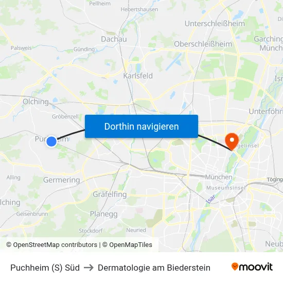 Puchheim (S) Süd to Dermatologie am Biederstein map