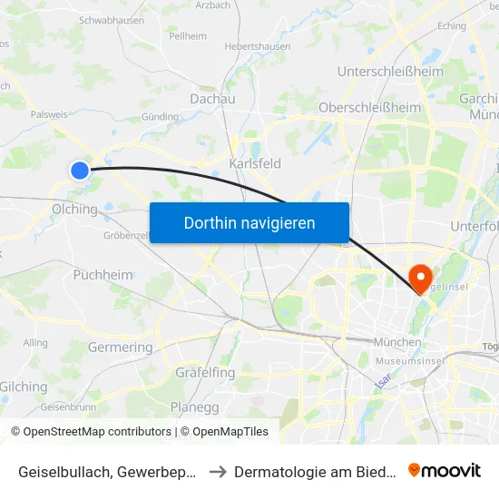 Geiselbullach, Gewerbepark Süd to Dermatologie am Biederstein map