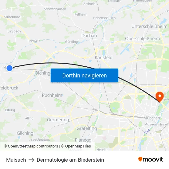 Maisach to Dermatologie am Biederstein map