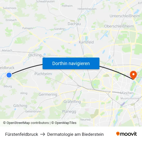 Fürstenfeldbruck to Dermatologie am Biederstein map