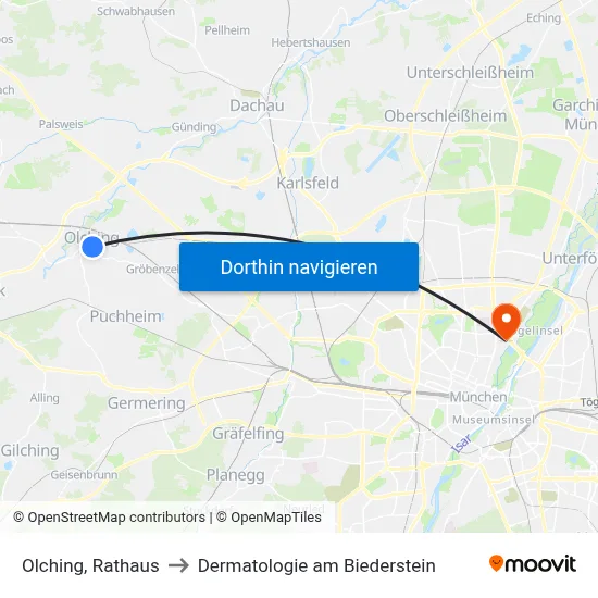 Olching, Rathaus to Dermatologie am Biederstein map