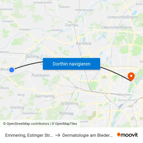 Emmering, Estinger Straße to Dermatologie am Biederstein map