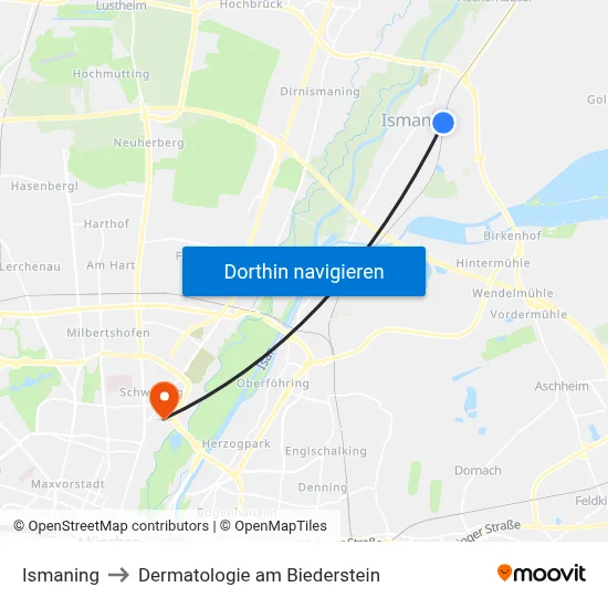 Ismaning to Dermatologie am Biederstein map