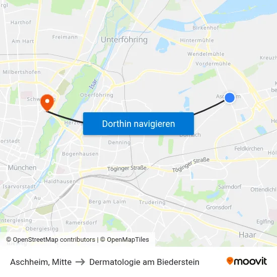 Aschheim, Mitte to Dermatologie am Biederstein map