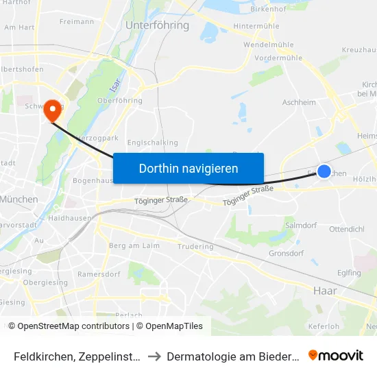 Feldkirchen, Zeppelinstraße to Dermatologie am Biederstein map