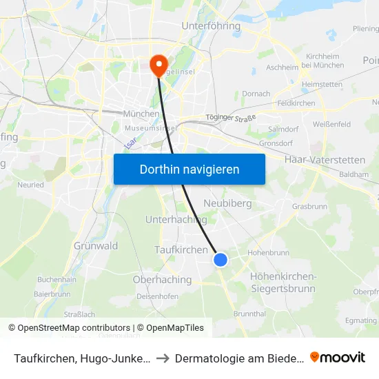 Taufkirchen, Hugo-Junkers-Str. to Dermatologie am Biederstein map