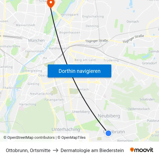 Ottobrunn, Ortsmitte to Dermatologie am Biederstein map