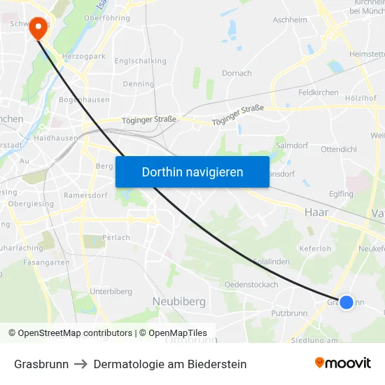 Grasbrunn to Dermatologie am Biederstein map