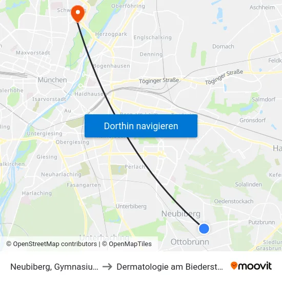 Neubiberg, Gymnasium to Dermatologie am Biederstein map