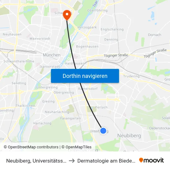 Neubiberg, Universitätsstraße to Dermatologie am Biederstein map